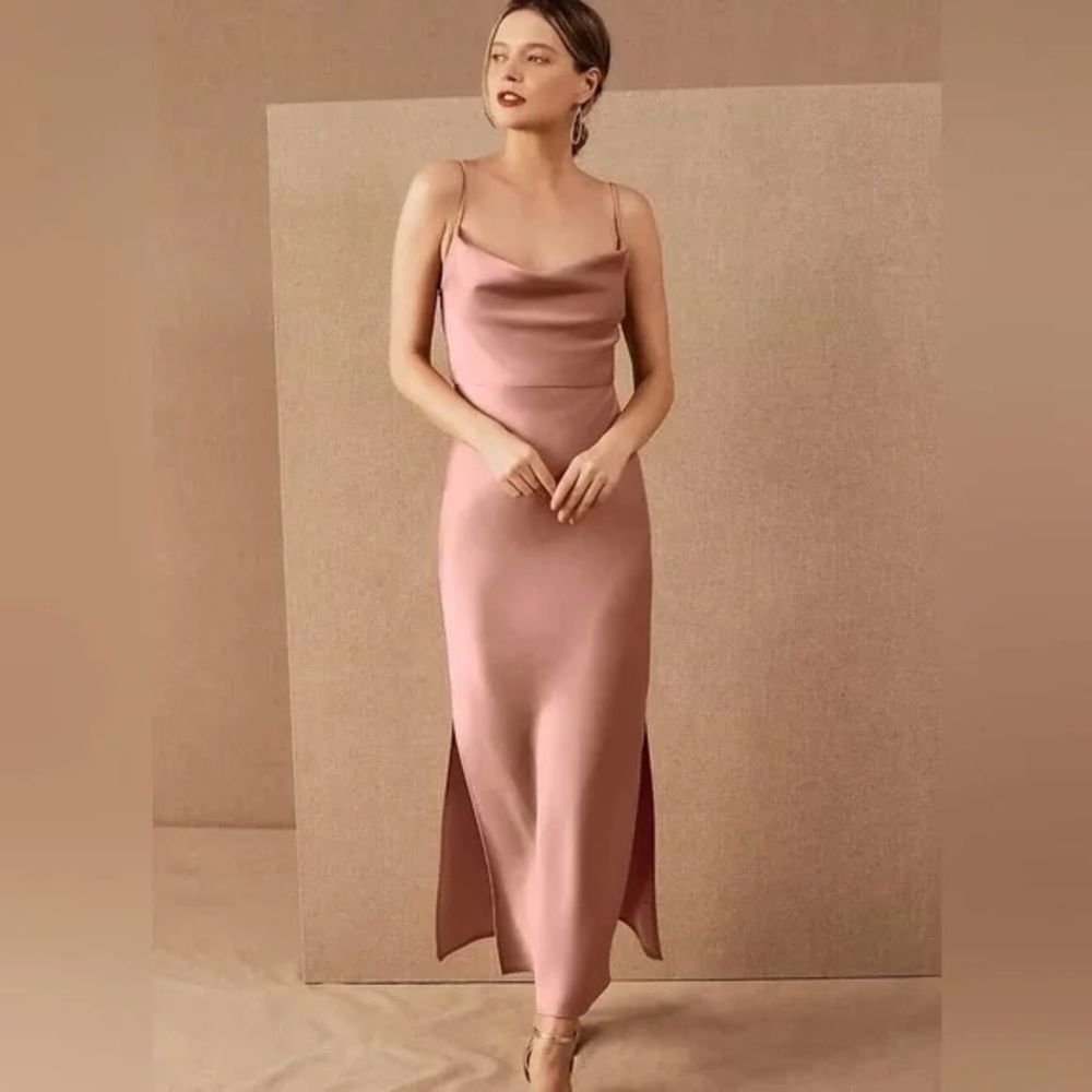 BHLDN Cali Satin Midi Slip Dress Cowl Neck Dusty Rose